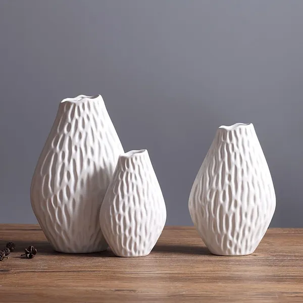 Nordic Style Almond Matte Irregular White Ceramic Artificial Flower Vase Decor For TV Bench photo-2