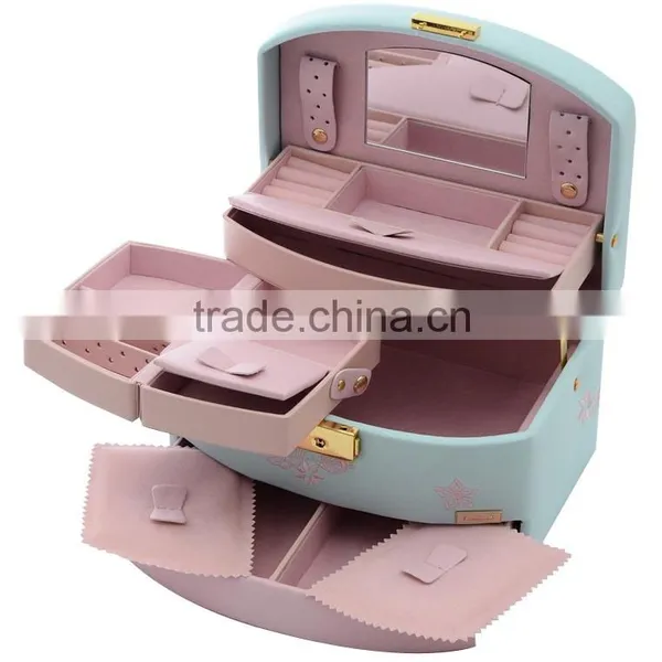 High Quality Leather Mirror Jewelry Box ,blue Mix Pink Designer Jewelry Travel Carry Box, Leather Hard Shell Jewelry Storage Box photo-3