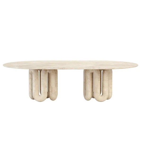 Light Luxury Natural Travertine Marble Stone Coffee Table Modern Minimalist Oval Coffee Table With Roman Column Base photo-3
