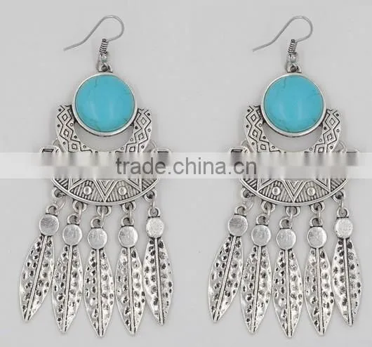 New Summer Style Ginasy Silver Geometry Turquoise Leaf Drop Tassels Dangle Earrings photo-3