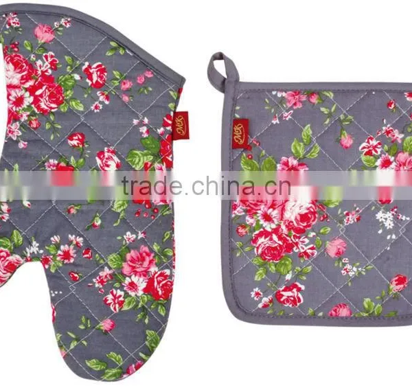 2015 HIGH QUALITY NEW DESIGN PRINTING FLOWERS AND PLANTS COTTON (OVEN MITT& POT HOLDER) KITCHEN SET MK-2402B&2406B