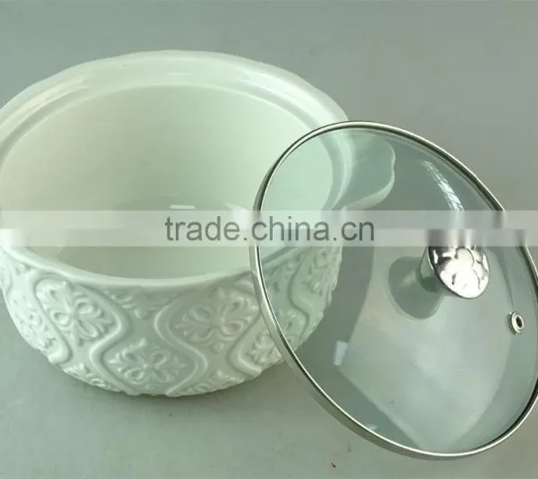 Cream Ceramic Enbossing Soup Tureen With Glass Cover/lid in Stocklot for Home Use photo-2