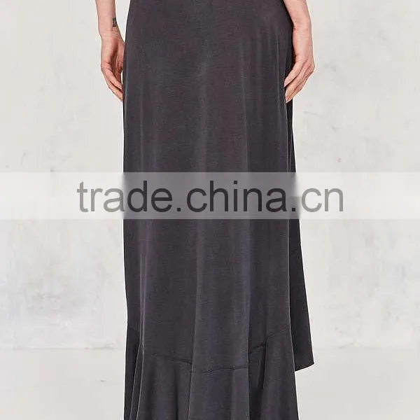 Women Fashion Plain Dyed Spandex Cotton Fashion Summer Ruffle Wrap Long Jersey Maxi Skirt photo-4