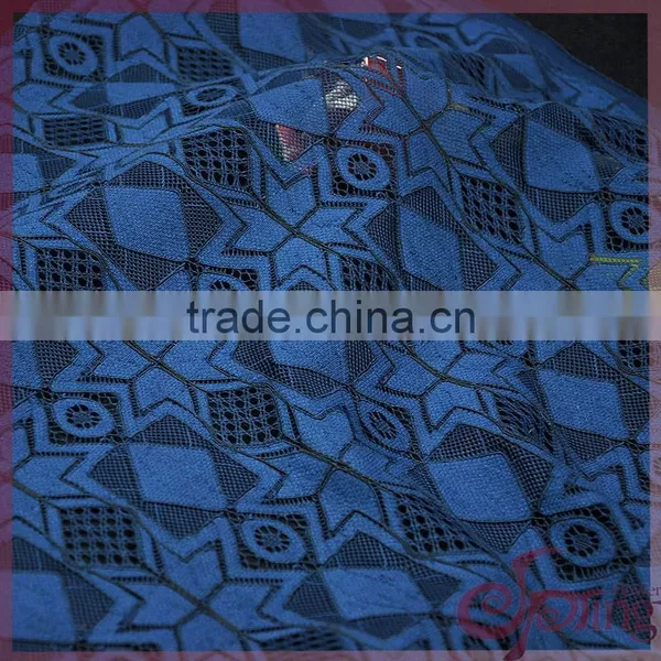 Navy Blue Geometric Nylon Cotton Warp Knitting Voile Fabric Lace for Dress