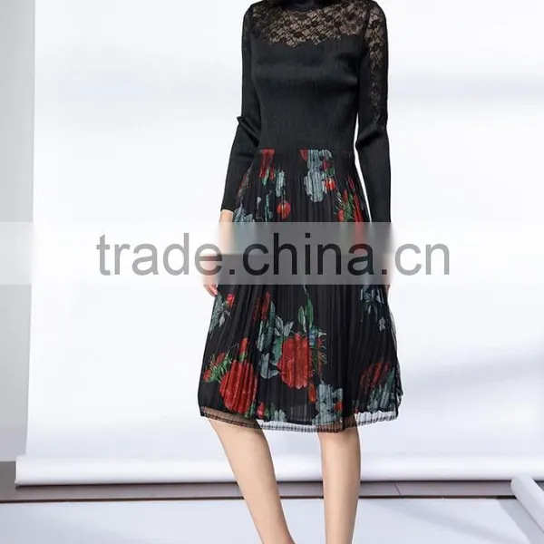 Pleat Large Sized Spring Lace Splicing Printed Dress for Women photo-3