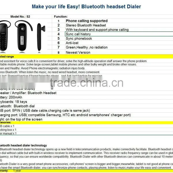 BHNS02 New Product Electronic GSM Mobile Phone Gadget Bluetooth Headset Dialer photo-3