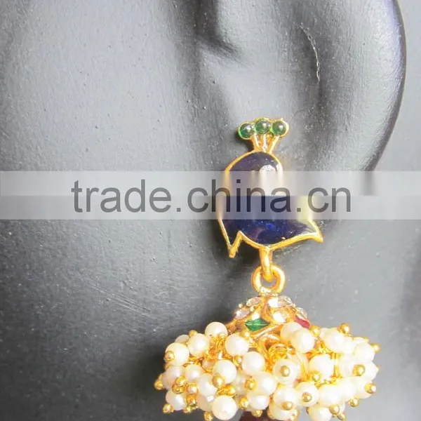 Peacock Pearl Gold Plated Dangler Jhumka EARRINGS photo-4