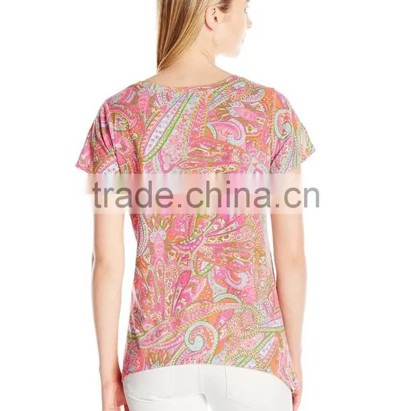 Women's Printed Slub Short Sleeve Neck In Cabana Paisley Print Customizable T Shirt photo-2