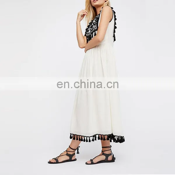 Spanish Clothing Brand Embroidery Knee Length Loose White Boho Dress photo-3