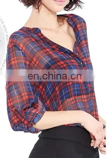 Top Grade Women Casual Blouse Designs/plaid Shirt photo-5