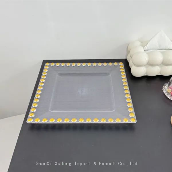 Clear Plastic Square Charger Plates With Gold Beaded Rims Wedding Decoration Dishes photo-4