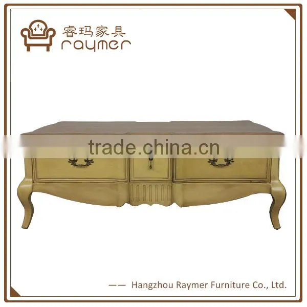 Antique Yellow Paint Solid Wood Vintage Carved Low Coffee Table