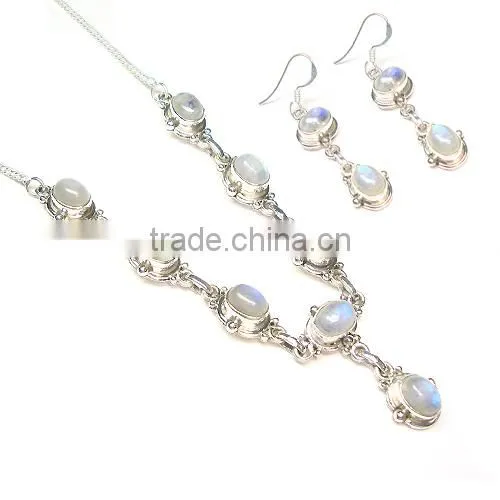 Rainbow Moonsone Necklace Earrings Set 925 Sterling Silver Jewelry Wholelsale Indian Jewelry