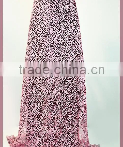 Pink Roset Embroidery Lace Fabric, Silver Metallic Mesh Lace Embroidery photo-6