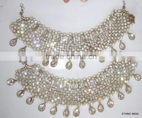 PEARL CRYSTAL Payal ANKLETS Pair Feet Bracelet Gold Plated photo-2