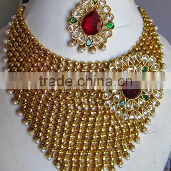 GOLD Plated Maroon Red Polki Pearl Bollywood Necklace EARRING Bridal WEDDING Set photo-2