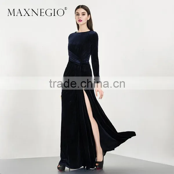 Evening Dresses Pretty Blue Long Sleeve Women Long Formal Party New Arrival Velvet Evening Dresses photo-5
