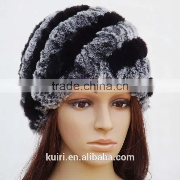 Rex Rabbit Fur Hats Fur Striped Knitted Cap for Women Genuine Rabbit Fur Hat Cap Winter Warms Hats photo-5