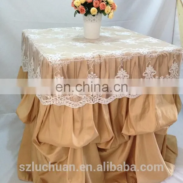 Champagne Satin and Lace Banquet Gathered Table Skirts