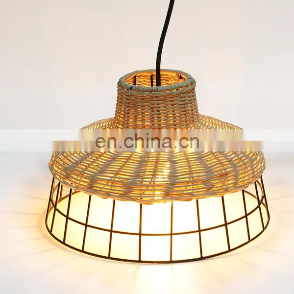 Coffee Shop Black Pendant Light Handmade Lampshade With Rattan Bamboo Round Rattan Lamp