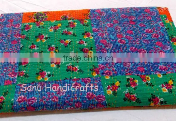 Handmade Patchwork Kantha Bedspread Printed Kantha Quilt Queen Size Made By Artisians of India Printed Patches With Hand Kantha photo-2