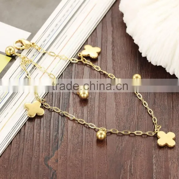 Lucky 18K Gold Plated Stainless Steel Four Leaf Charm Anklet Ankle Bracelet photo-4