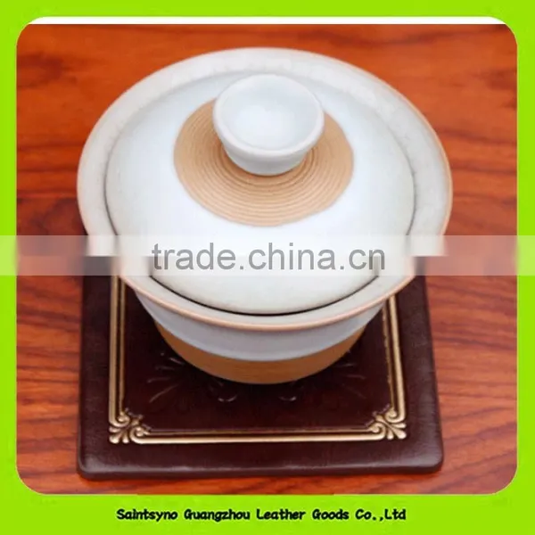 Embossing Company Brand 10*10cm Brown Leather Square Coaster With Coaster Holder 16029 photo-2