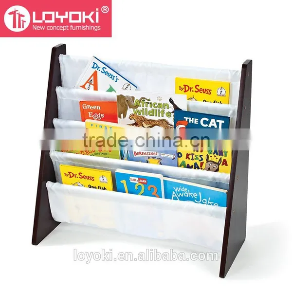 4 Tier Kids' Book Rack Wooden Bookcase With Nylon Fabric Pockets Kids Bookcase photo-3