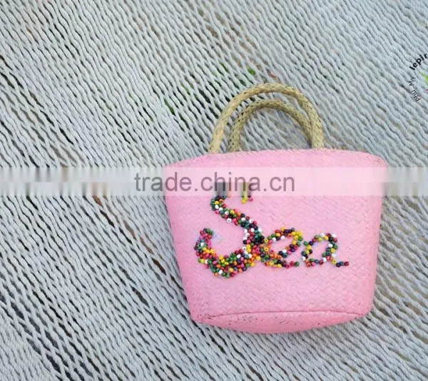 Eco-friendly Short Handle, Pink Baby Straw Woven Beach Bag, Tote Bag Beach photo-2