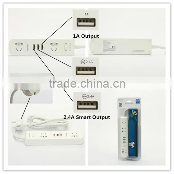 Pisen RoHS Certification 1.8m 6ft Cable 2 Outles Euro Standard Power Strip With 1A 2.4 A 2.4A 3 USB Charger