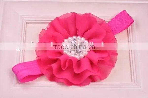 Chiffon Flower Headband With Pearl Beads Center for Kids Hair Accessories photo-3