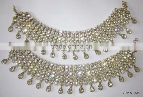 Bridal Golden Crystal Broad Payal ANKLETS Pair Feet Bracelet photo-3