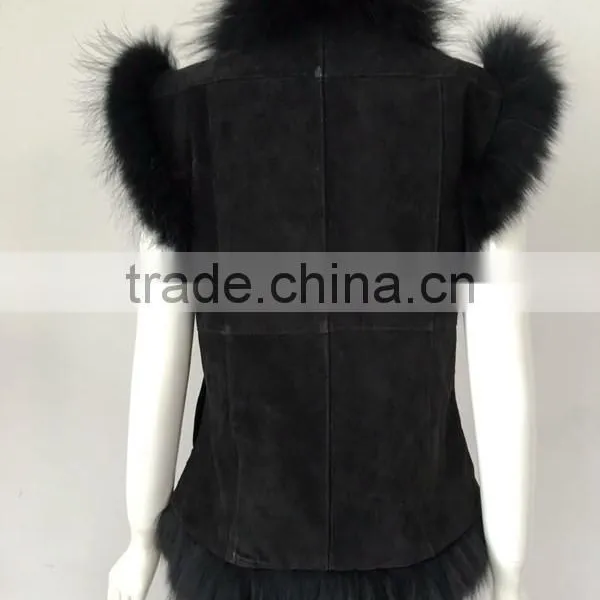 YR098 Genuine Suede Leather With Raccoon Fur Trimming Vest photo-3
