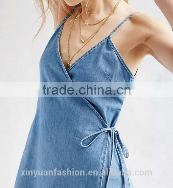 Apparel Denim Sexy Blue Plunge Neck Dress Spaghetti Strap Sashes Wrap Dresses Backless Sleeveless Street A-line Dress photo-4