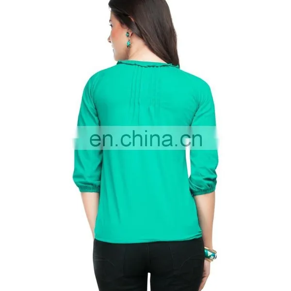 Sea Green Pintucks And Ruffle Top Oem Factory Direct Light Weight Chiffon Frill Collar Blouse With Front Pintuck photo-4