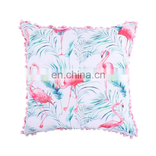 Waterproof Outdoor Use Flamingos Floral Designed Style Printed 100% Polyester Decorative Cushion With Tassels Pompoms photo-2