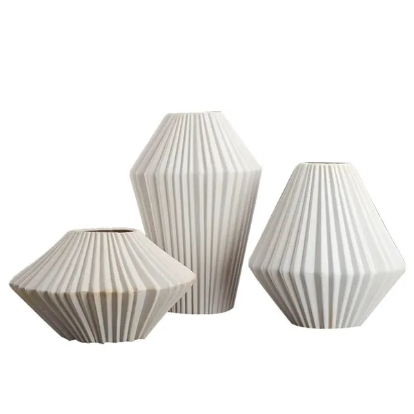 Pleated Battle Frosted White Geometry Three-Piece Ceramic Vase For Soft Decoration photo-5