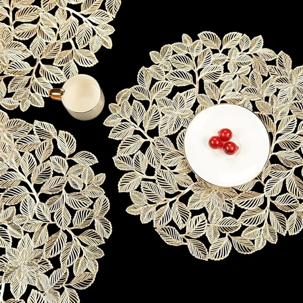 Flower Hollow Metallic Placemats Set of 6 Gold Leaf Round Placemats Non-Slip Wipeable Table Mats for Dinner,Party,Wedding Accent Centerpiece photo-5