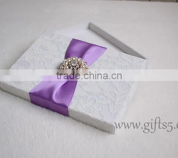 Elegant White Wedding Invitation Card Box With Pearl Brooch photo-3