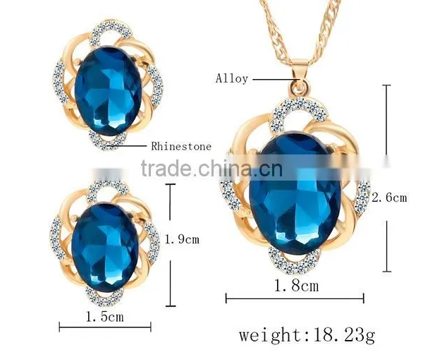 Online Shop Blue Zircon Stone Necklace Set Crystal Earring Jewelry Gold Plated photo-3