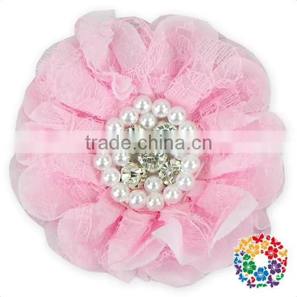 Red Chiffon Blossom Fabric Crystal Pearl Center Flowers photo-3