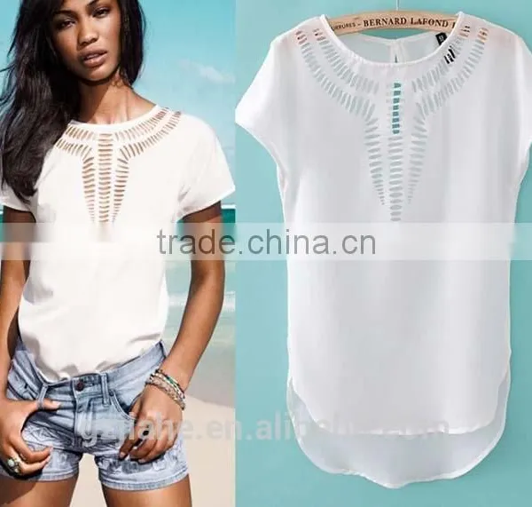 NEW 2015 Summer Women's Clothing Blouses Shirts Chiffon Front Hollow Out Vintage Short Batwing Sleeve Shirt Top 6 Colors