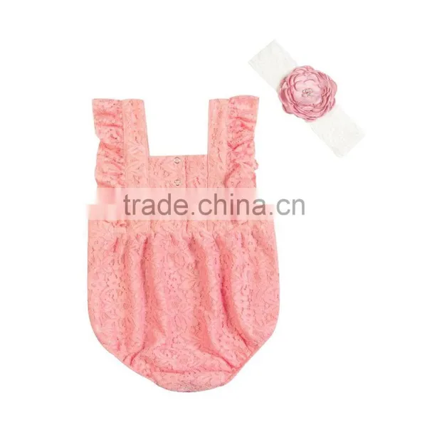Wholesale Fashion Newborn Baby Girls Pink Lace Romper Infant Bodysuits Adorable Lace Kids Rompers photo-4