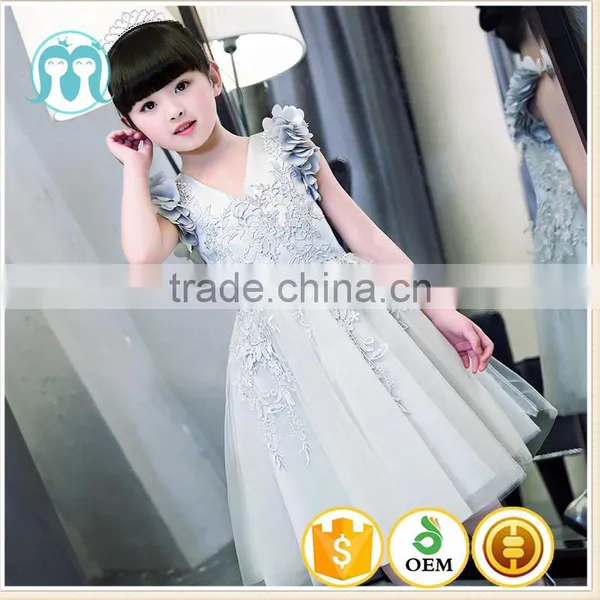 New Baby Frock Design 2017 Sleeveless Pink and Gray Embroidery Flower V Collar Vietnam Party Dresses Chiffion Wedding Dresses photo-6