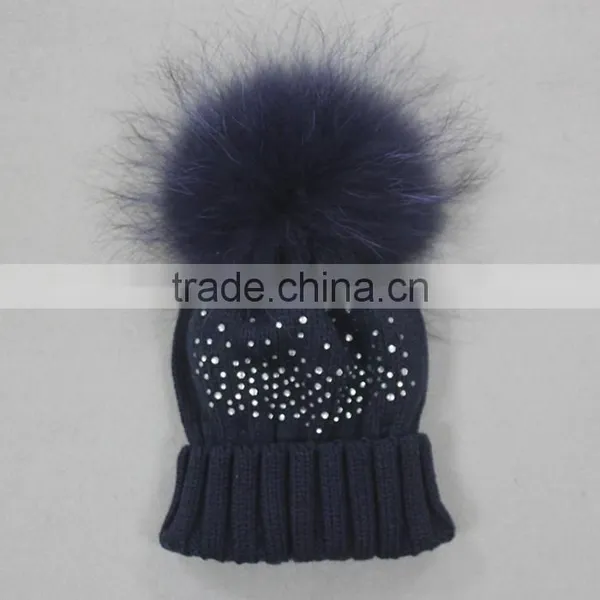 Myfur Navy Knitting Beanie Hat With Stones Real Raccoon Fur Ball Top For Teenager Boys photo-5