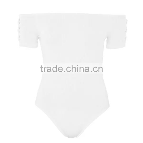 Drawstring Eyelet Ribbed Top Bardot Neckline off Shoulder Bodysuit photo-6