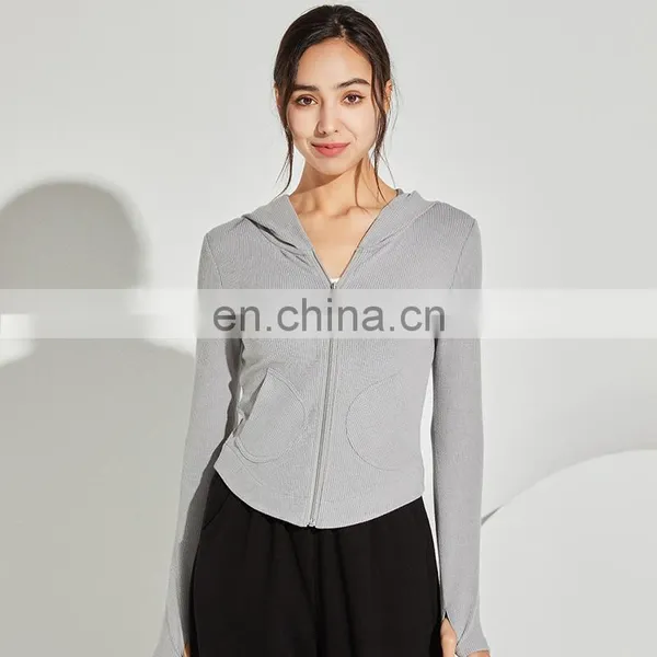 Latest Ribbed Stripe Sports Jacket Women Workout Running Casual Sweatshirt Hooded Side Pockets Long Sleeve Slim Fit Gym Top photo-3