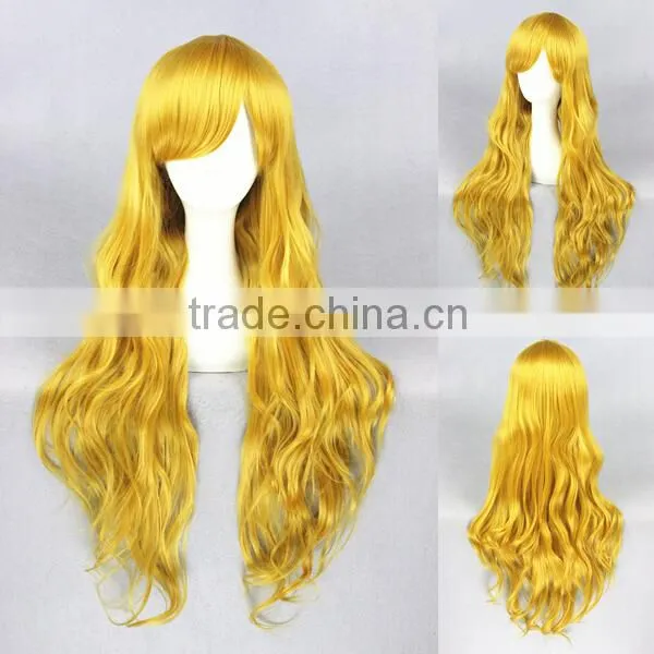 Wholesale High Quality 80CM Long Gold Wave Lolita Women Fashion Party Synthetic Hair Wig