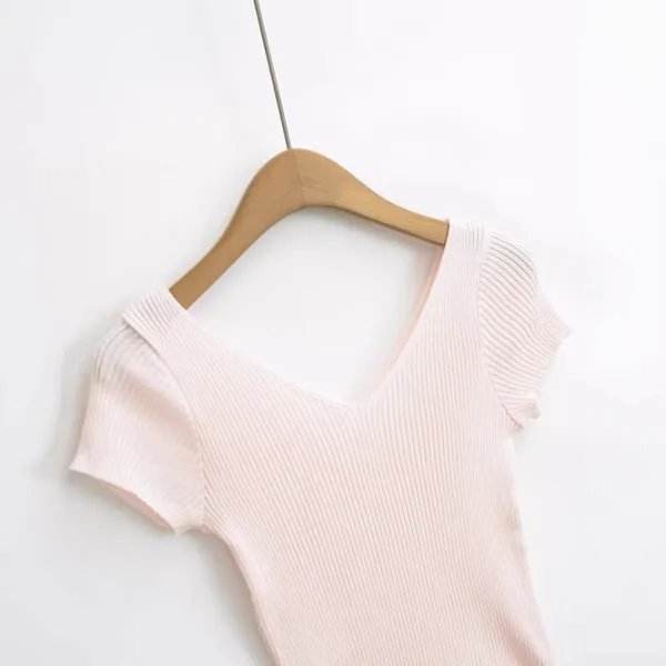 Slim Fit, Deep V-neck, Slim Figure, Flying Sleeves, Short Sleeves, Knitted T-shirt for Women, Khaki, One Size Fits All, Pink photo-4