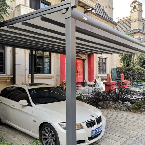 Retractable Fabric Roof Aluminum Carport With LED Lights, Modern Outdoor Canopy for Villa Parking & Driveway photo-3